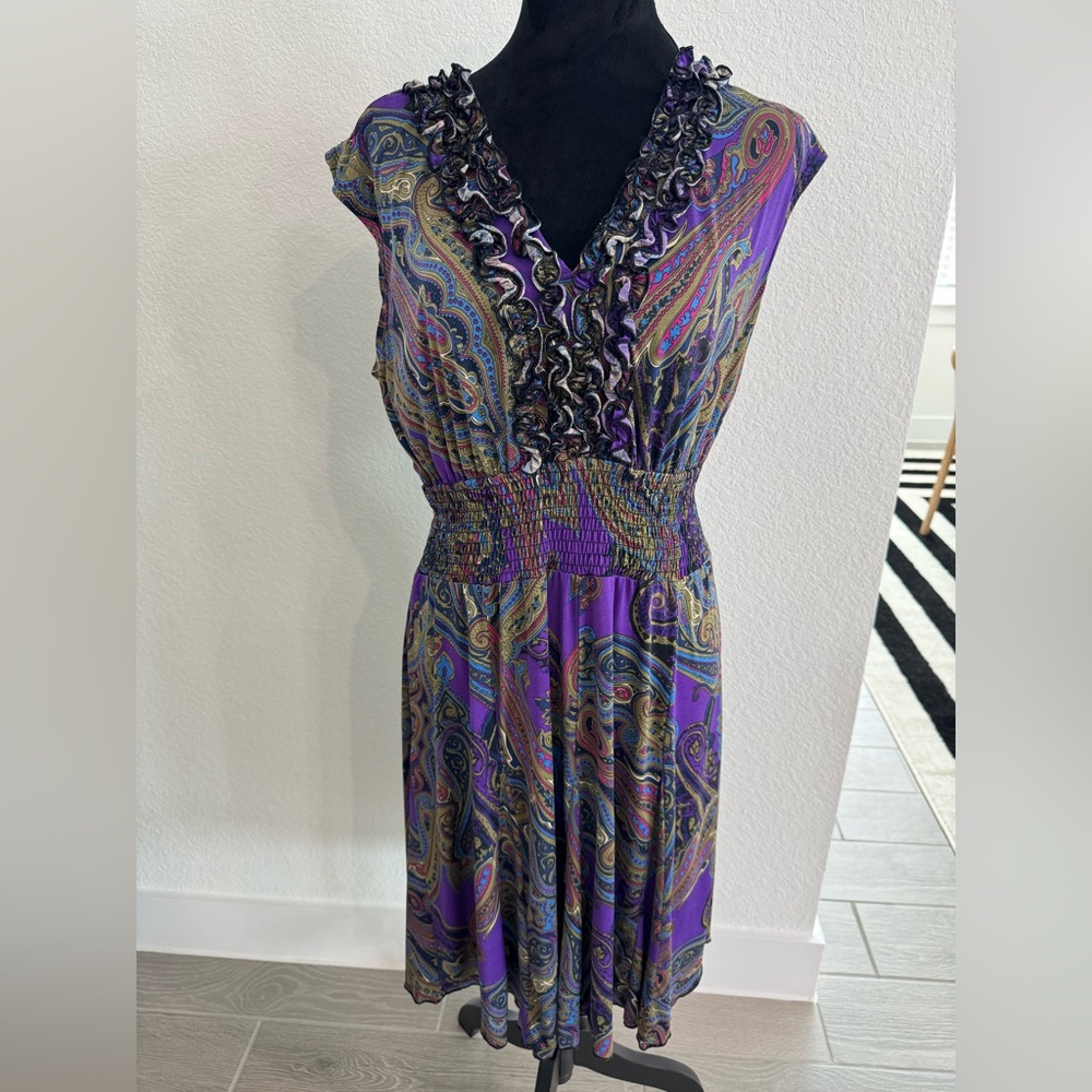 RABBIT RABBIT RABBIT DESIGNS Ruffle Detail Stretchy Purple Paisley Print Dress